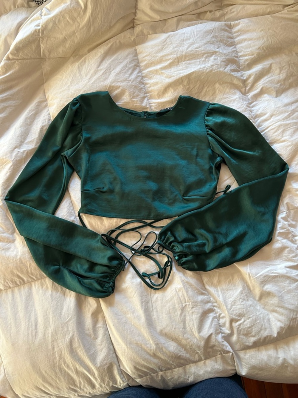 Motel Rocks Emerald Green Satin Long Sleeve Crop Top